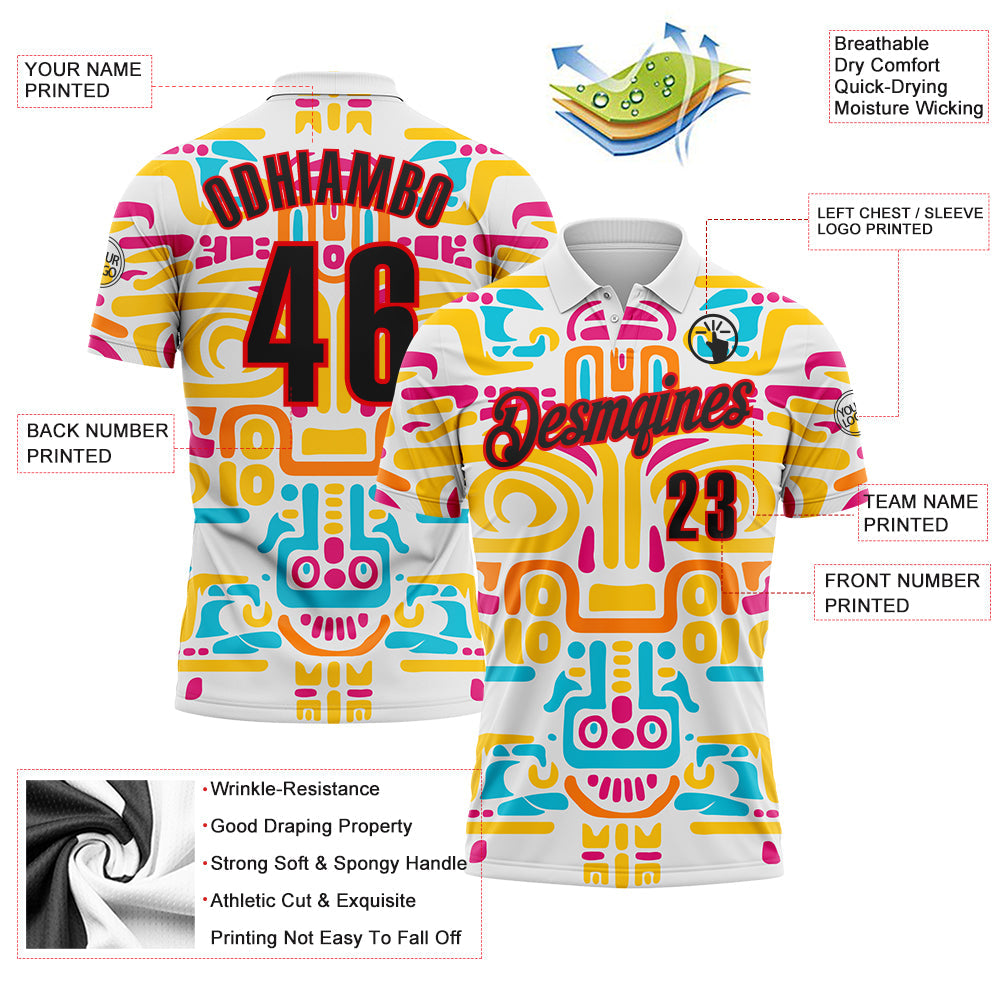 Custom White Black-Fire Red Mexican Aztec Mayan Tribal Performance Polo Shirt view 3