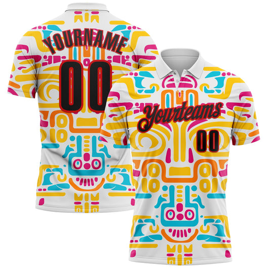Custom White Black-Fire Red Mexican Aztec Mayan Tribal Performance Polo Shirt - Main View