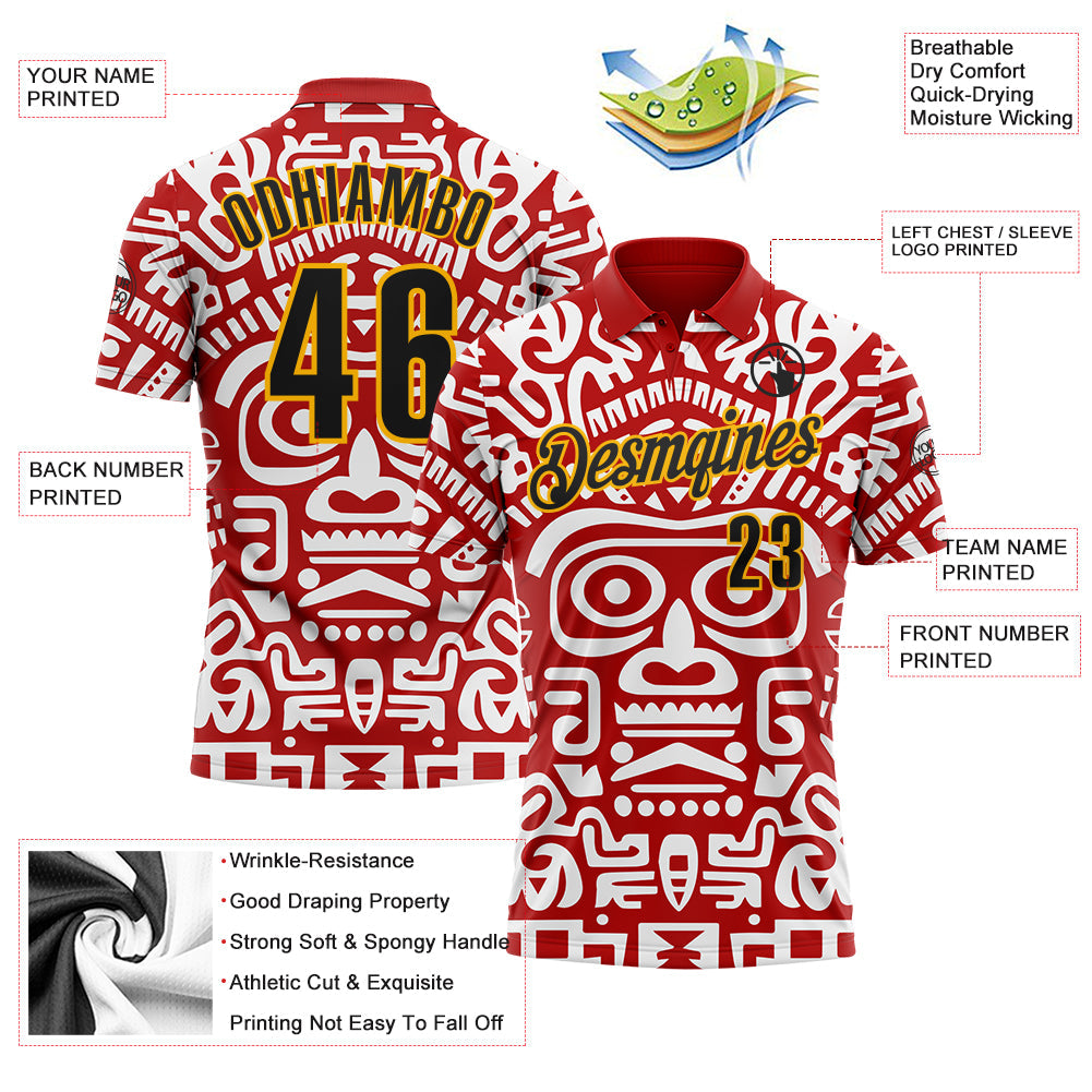 Custom Red Black-Gold Mexican Aztec Mayan Tribal Performance Polo Shirt view 3