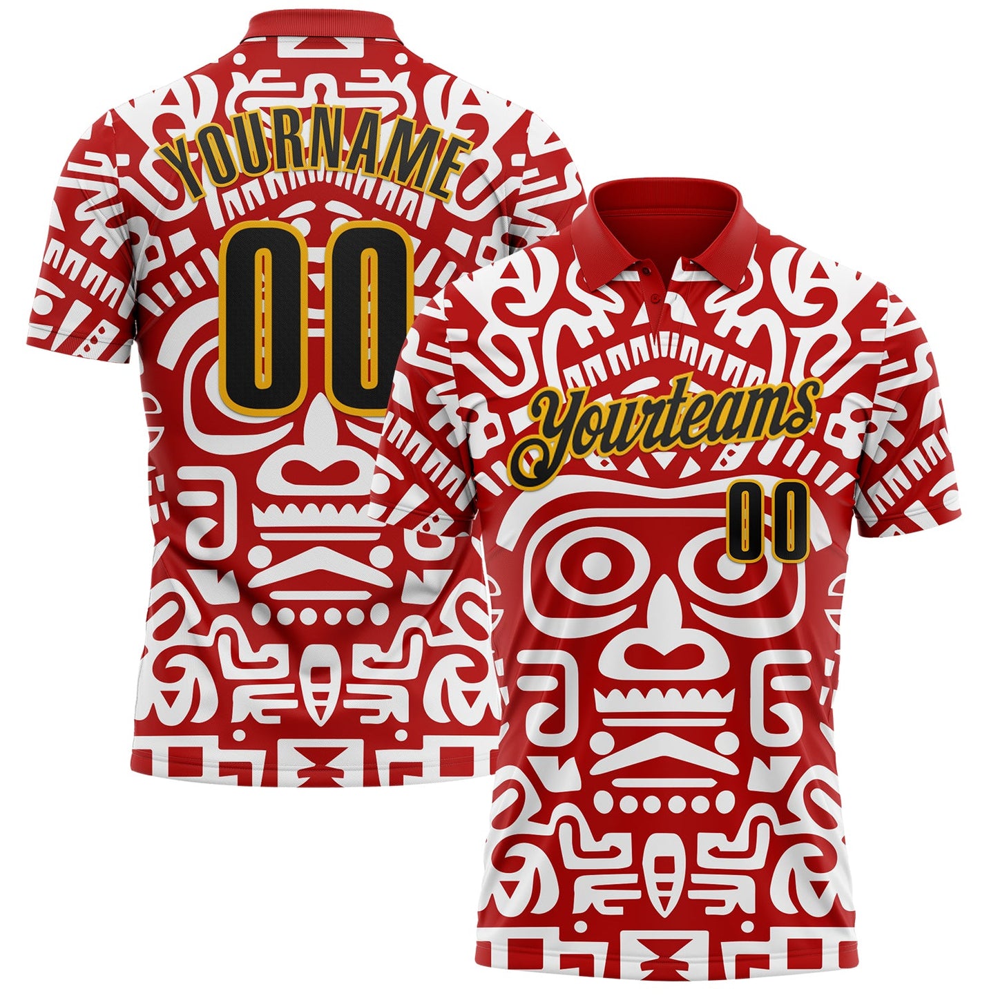 Custom Red Black-Gold Mexican Aztec Mayan Tribal Performance Polo Shirt - Main View