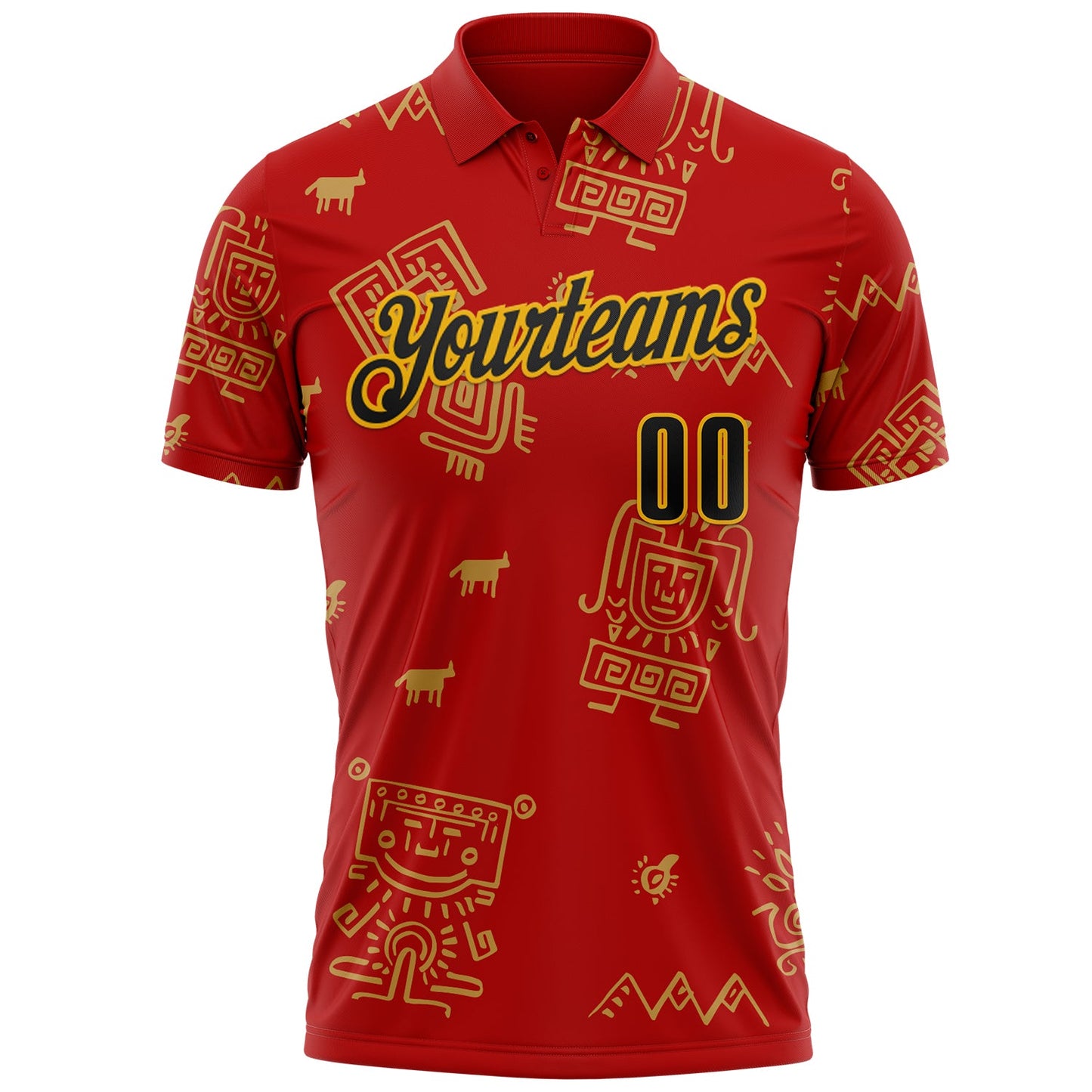 Custom Red Black-Gold Mexican Aztec Mayan Tribal Performance Polo Shirt view 2