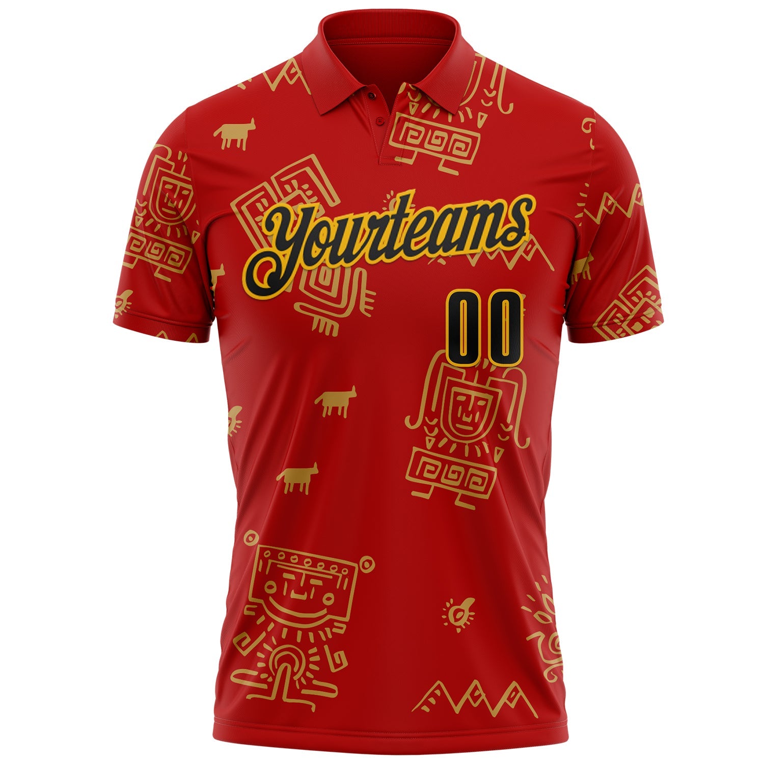 Custom Red Black-Gold Mexican Aztec Mayan Tribal Performance Polo Shirt view 2