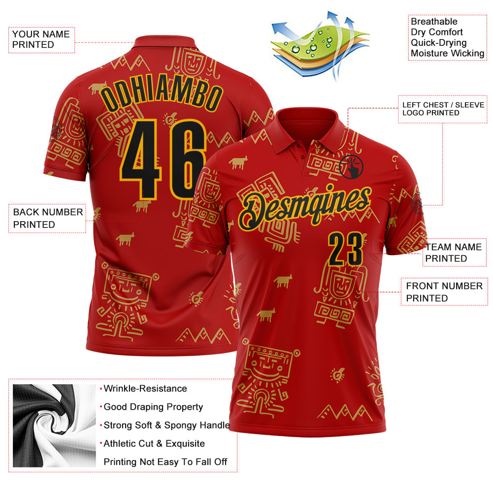 Custom Red Black-Gold Mexican Aztec Mayan Tribal Performance Polo Shirt view 3
