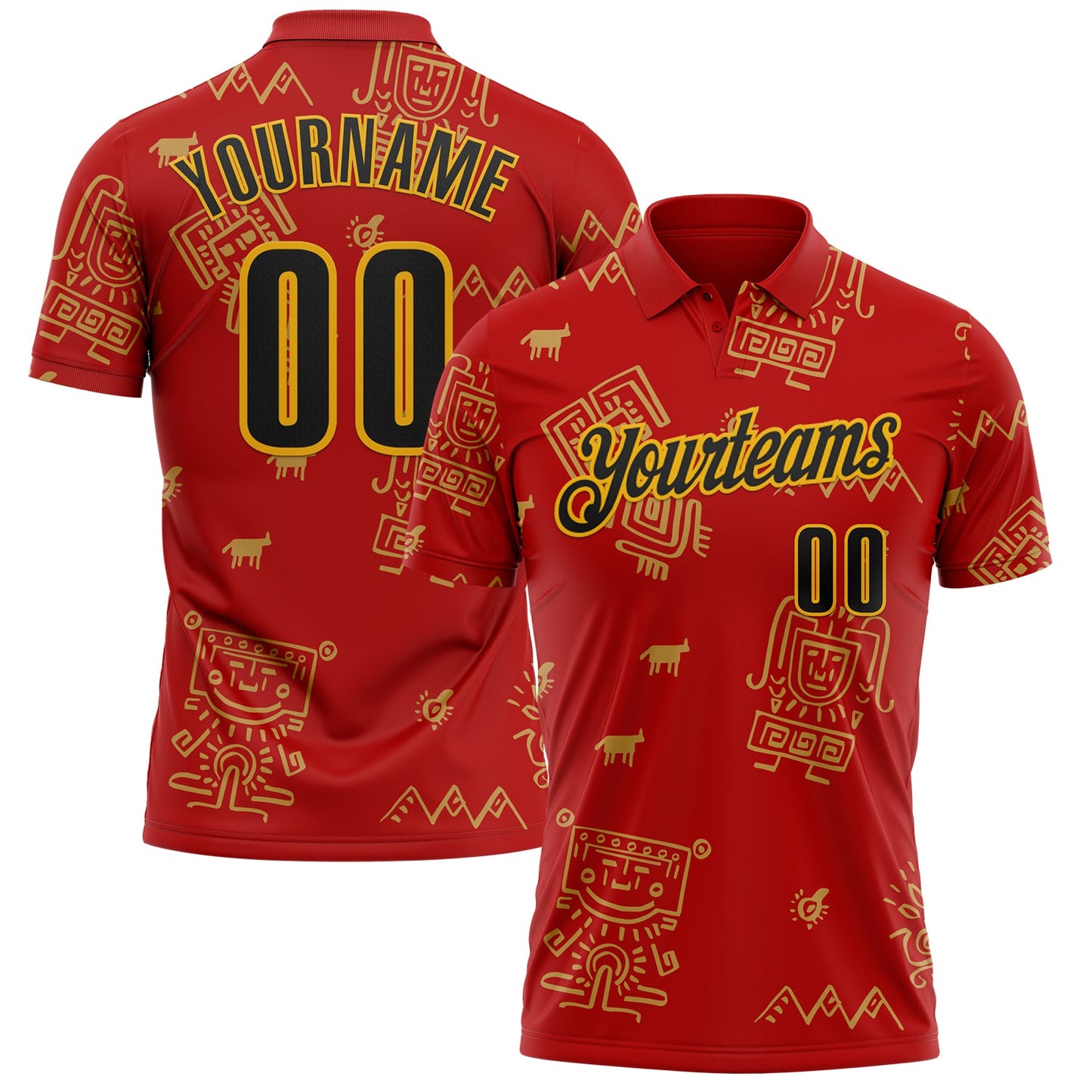 Custom Red Black-Gold Mexican Aztec Mayan Tribal Performance Polo Shirt - Main View