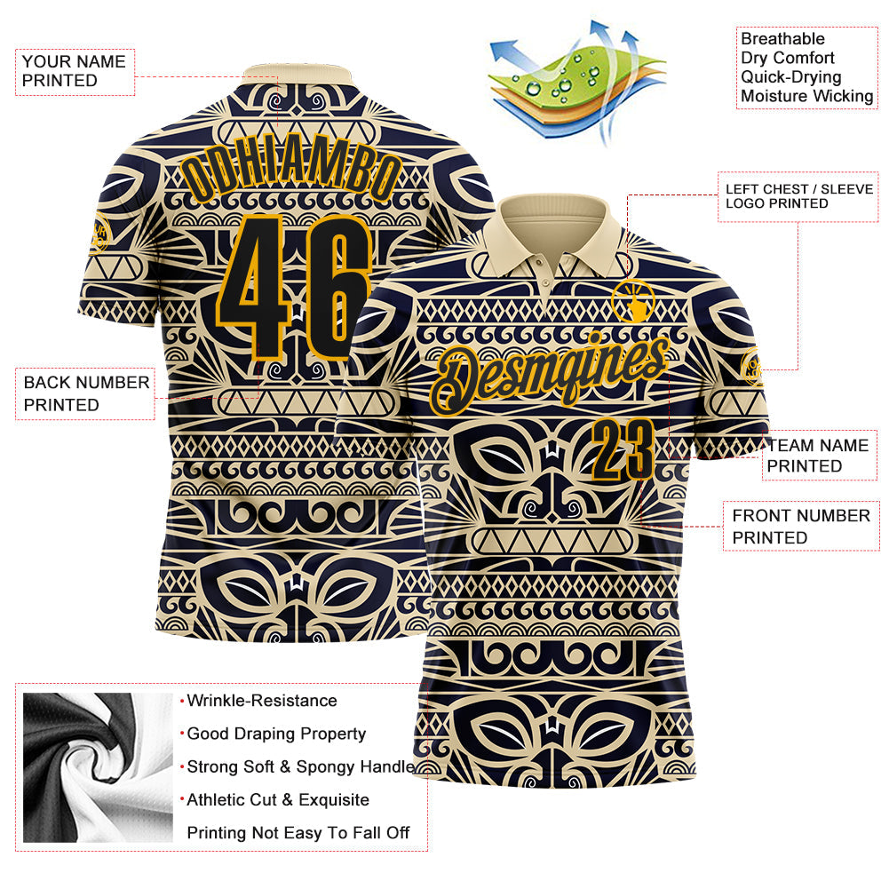 Custom Cream Black-Gold Mexican Aztec Mayan Tribal Performance Polo Shirt view 3