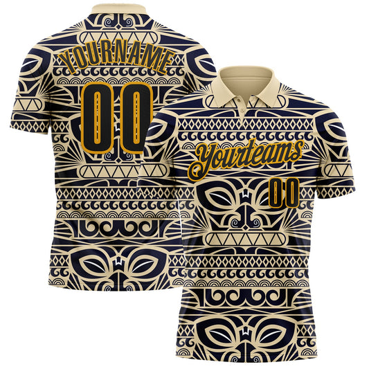 Custom Cream Black-Gold Mexican Aztec Mayan Tribal Performance Polo Shirt - Main View