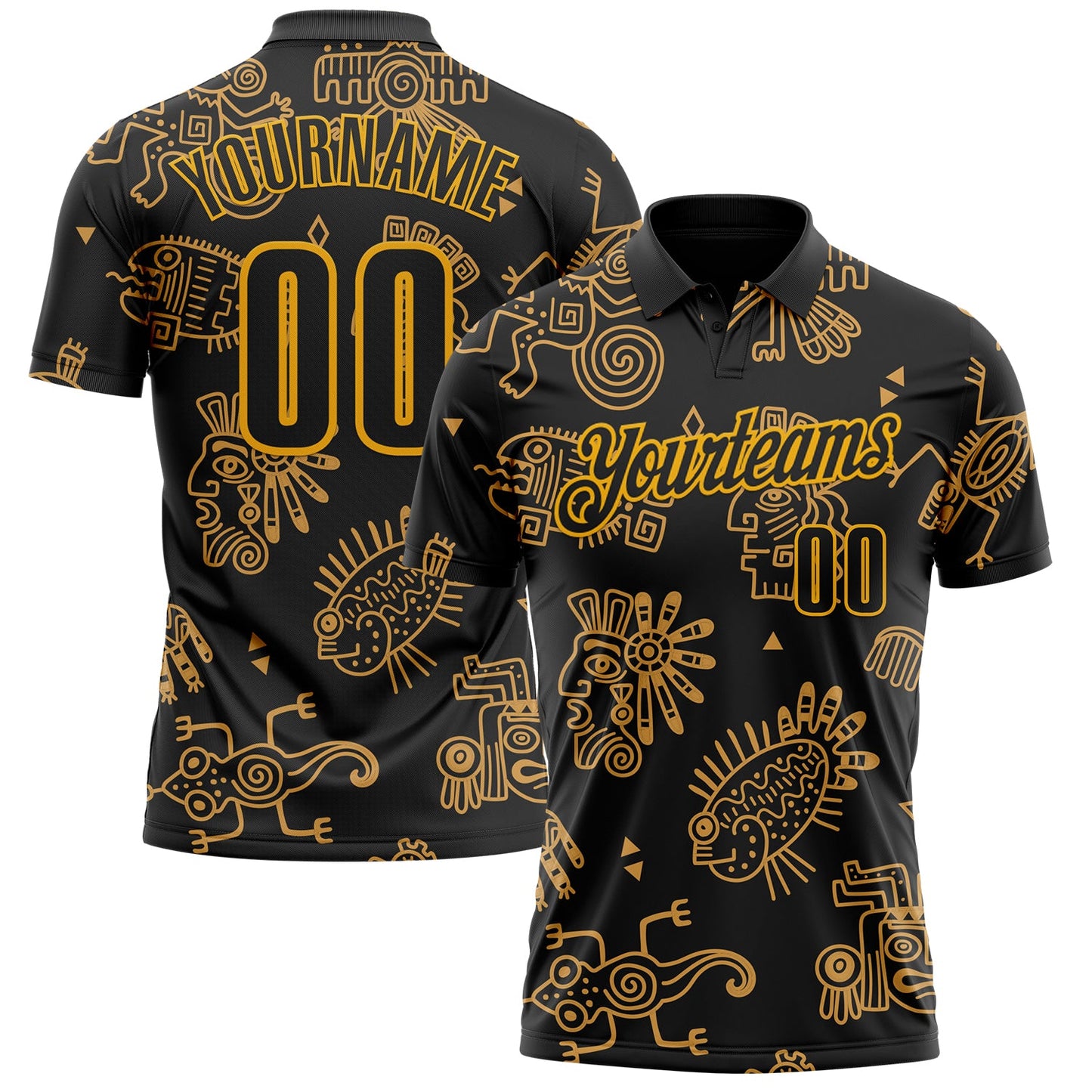 Custom Black-Gold Mexican Aztec Mayan Tribal Performance Polo Shirt - Main View