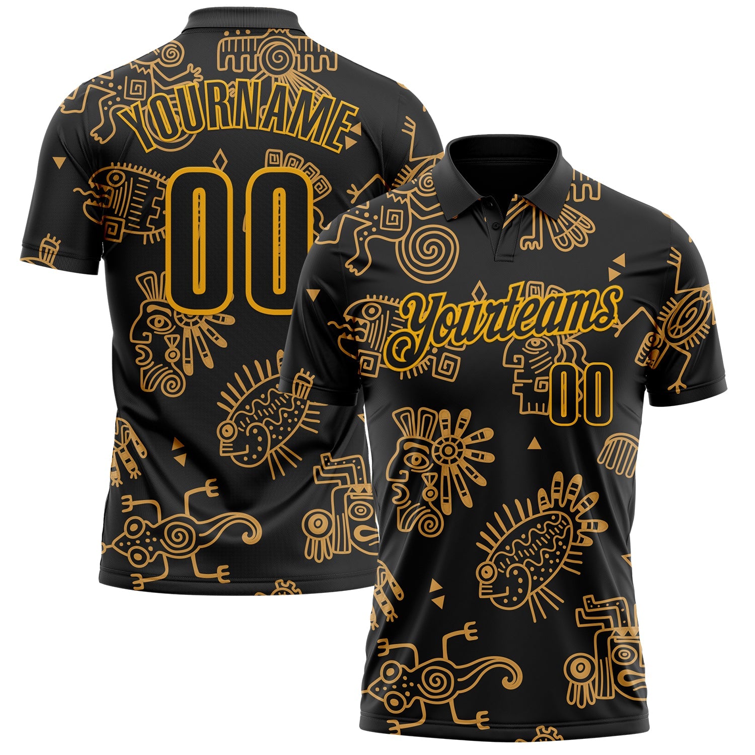 Custom Black-Gold Mexican Aztec Mayan Tribal Performance Polo Shirt - Main View