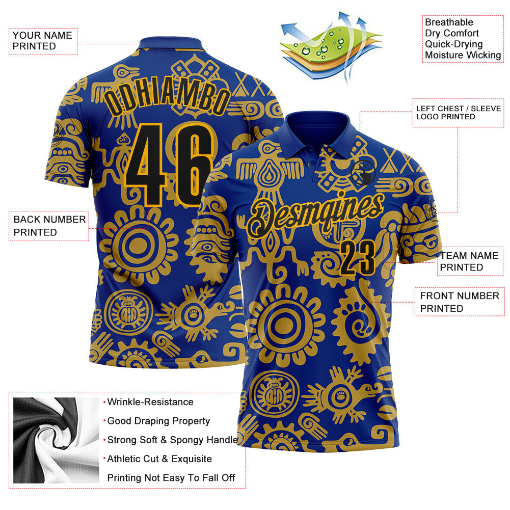 Custom Royal Black-Gold Mexican Aztec Mayan Tribal Performance Polo Shirt view 3