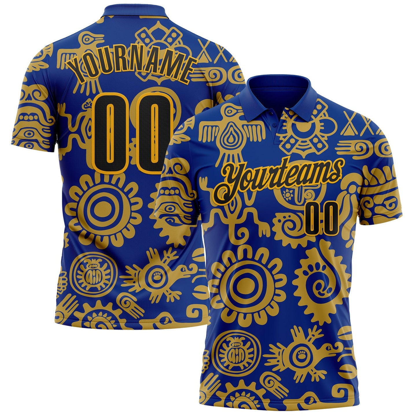 Custom Royal Black-Gold Mexican Aztec Mayan Tribal Performance Polo Shirt - Main View