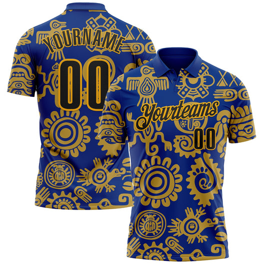 Custom Royal Black-Gold Mexican Aztec Mayan Tribal Performance Polo Shirt - Main View
