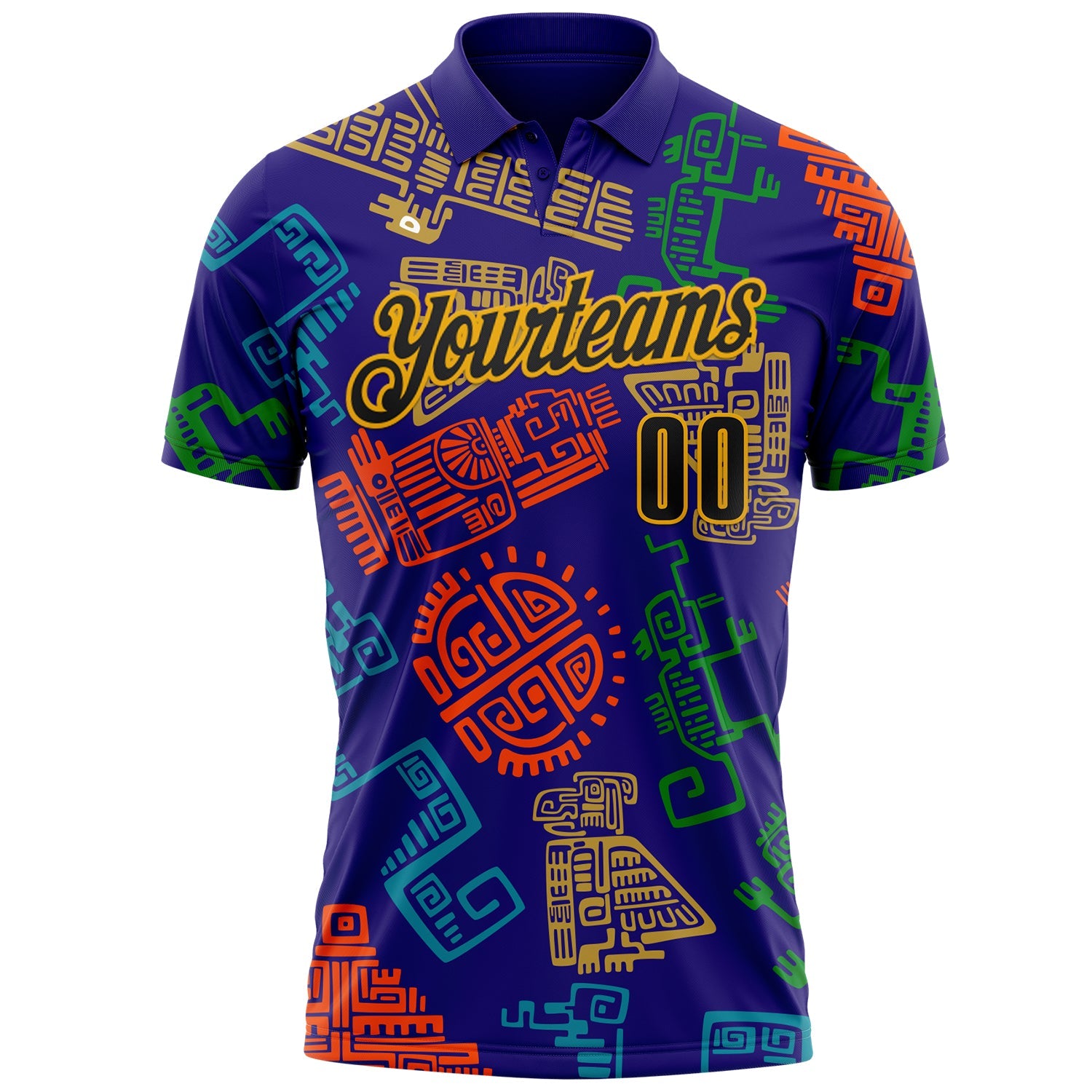 Custom Dark Purple Gold-Black Mexican Aztec Mayan Tribal Performance Polo Shirt view 2