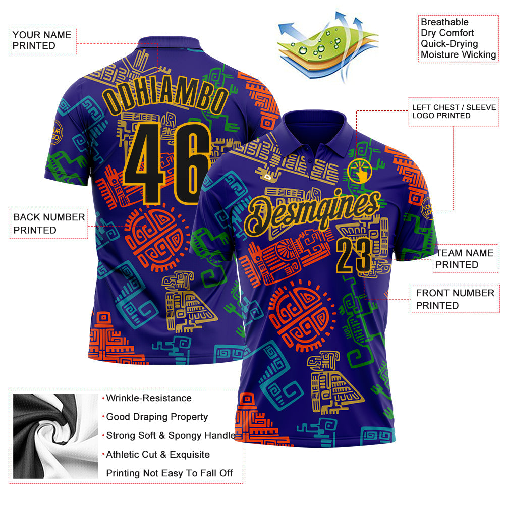 Custom Dark Purple Gold-Black Mexican Aztec Mayan Tribal Performance Polo Shirt view 3