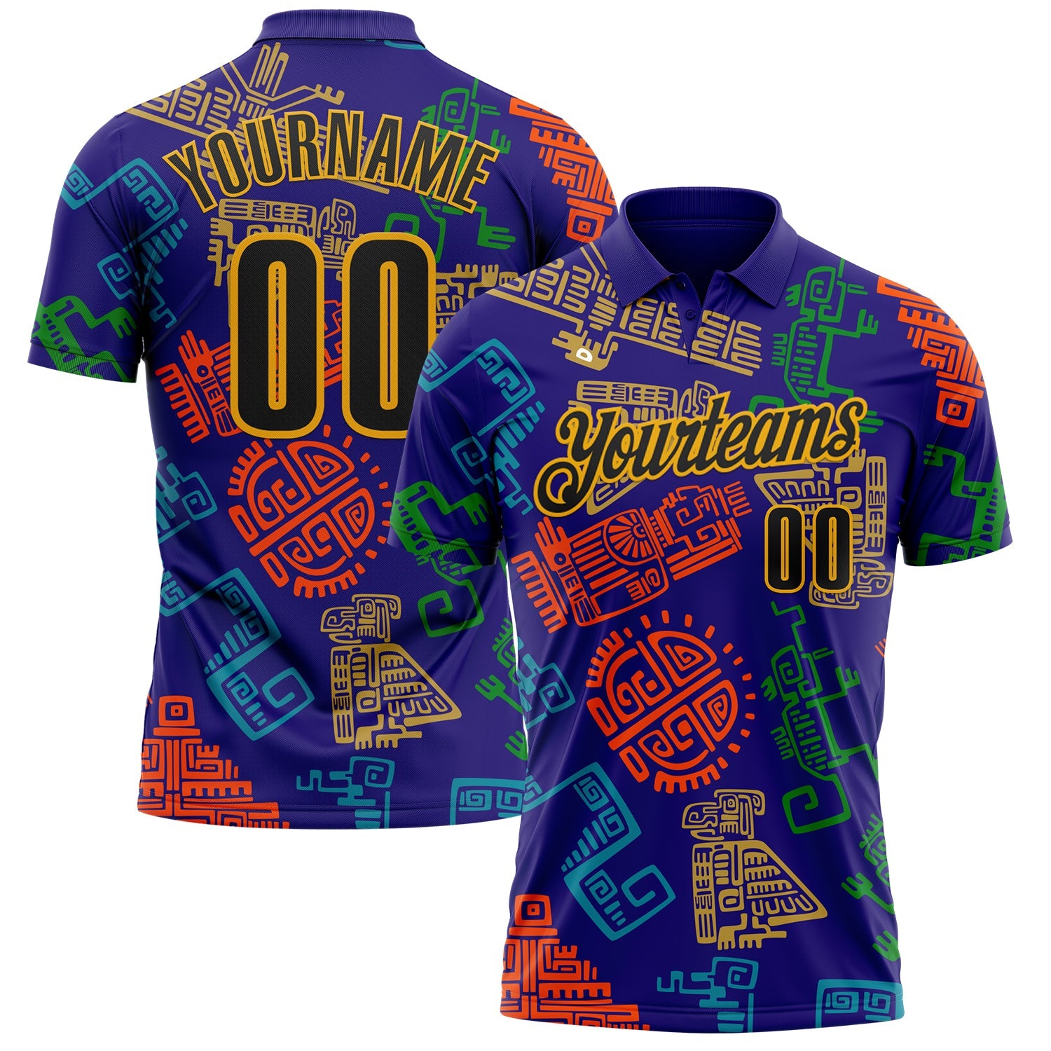 Custom Dark Purple Gold-Black Mexican Aztec Mayan Tribal Performance Polo Shirt - Main View