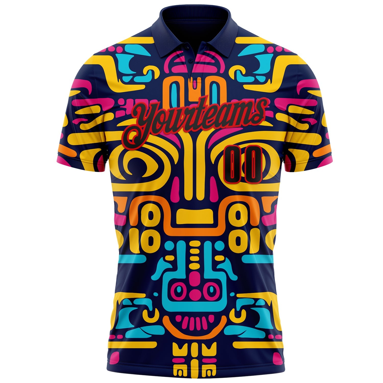 Custom Navy Black-Fire Red Mexican Aztec Mayan Tribal Performance Polo Shirt view 2