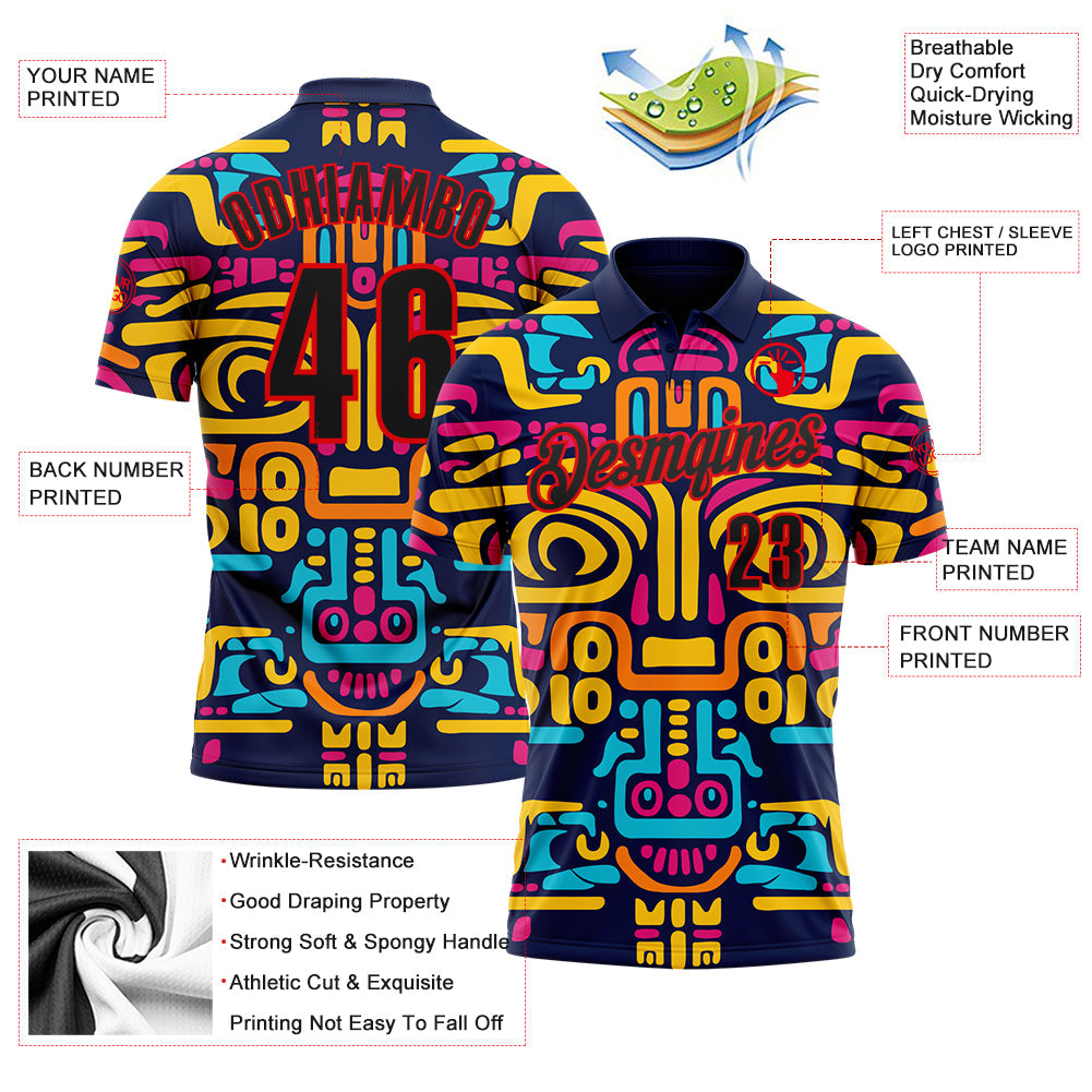 Custom Navy Black-Fire Red Mexican Aztec Mayan Tribal Performance Polo Shirt view 3