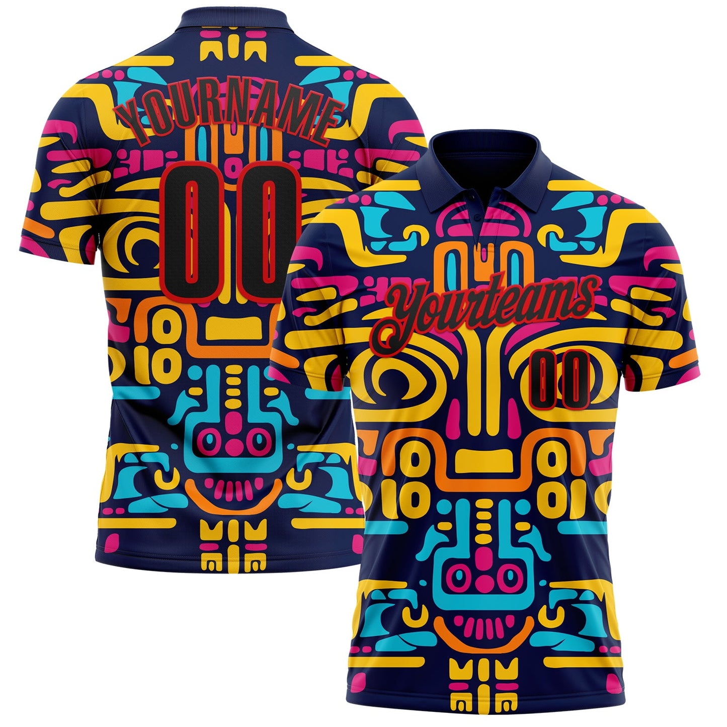 Custom Navy Black-Fire Red Mexican Aztec Mayan Tribal Performance Polo Shirt - Main View