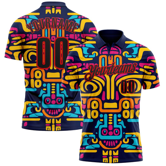Custom Navy Black-Fire Red Mexican Aztec Mayan Tribal Performance Polo Shirt - Main View