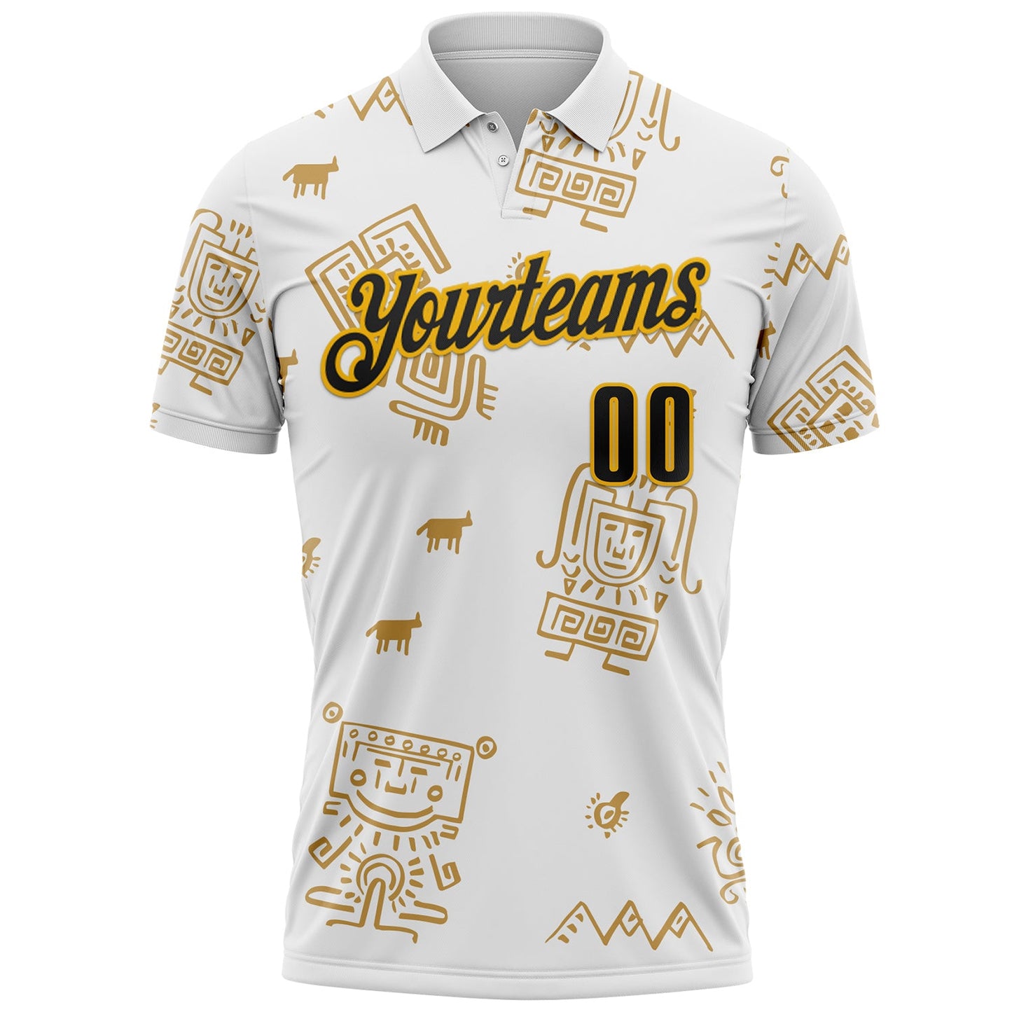 Custom White Black-Gold Mexican Aztec Mayan Tribal Performance Polo Shirt view 2