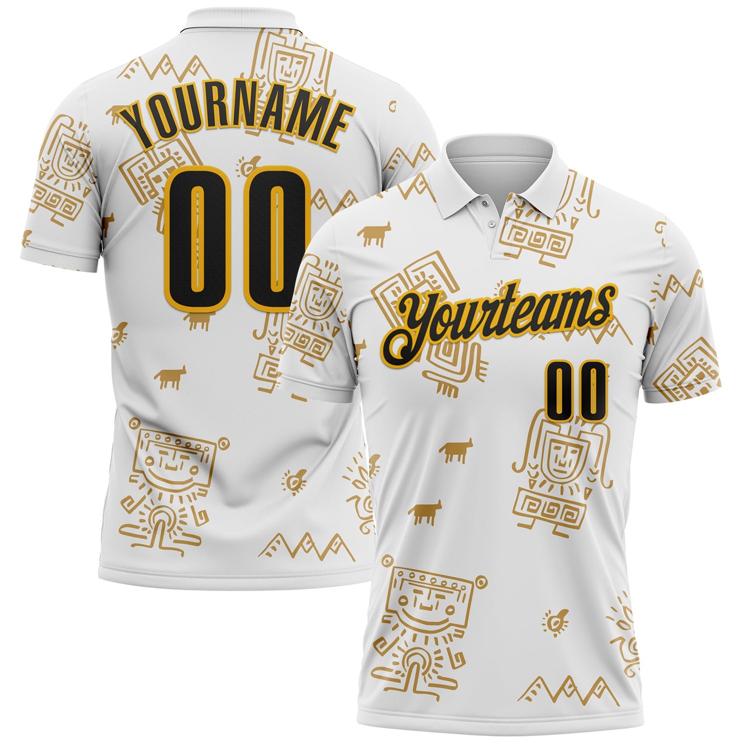 Custom White Black-Gold Mexican Aztec Mayan Tribal Performance Polo Shirt - Main View