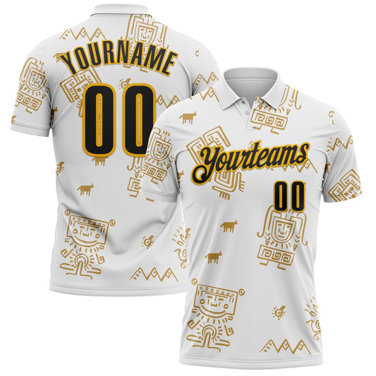 Custom White Black-Gold Mexican Aztec Mayan Tribal Performance Polo Shirt - Main View