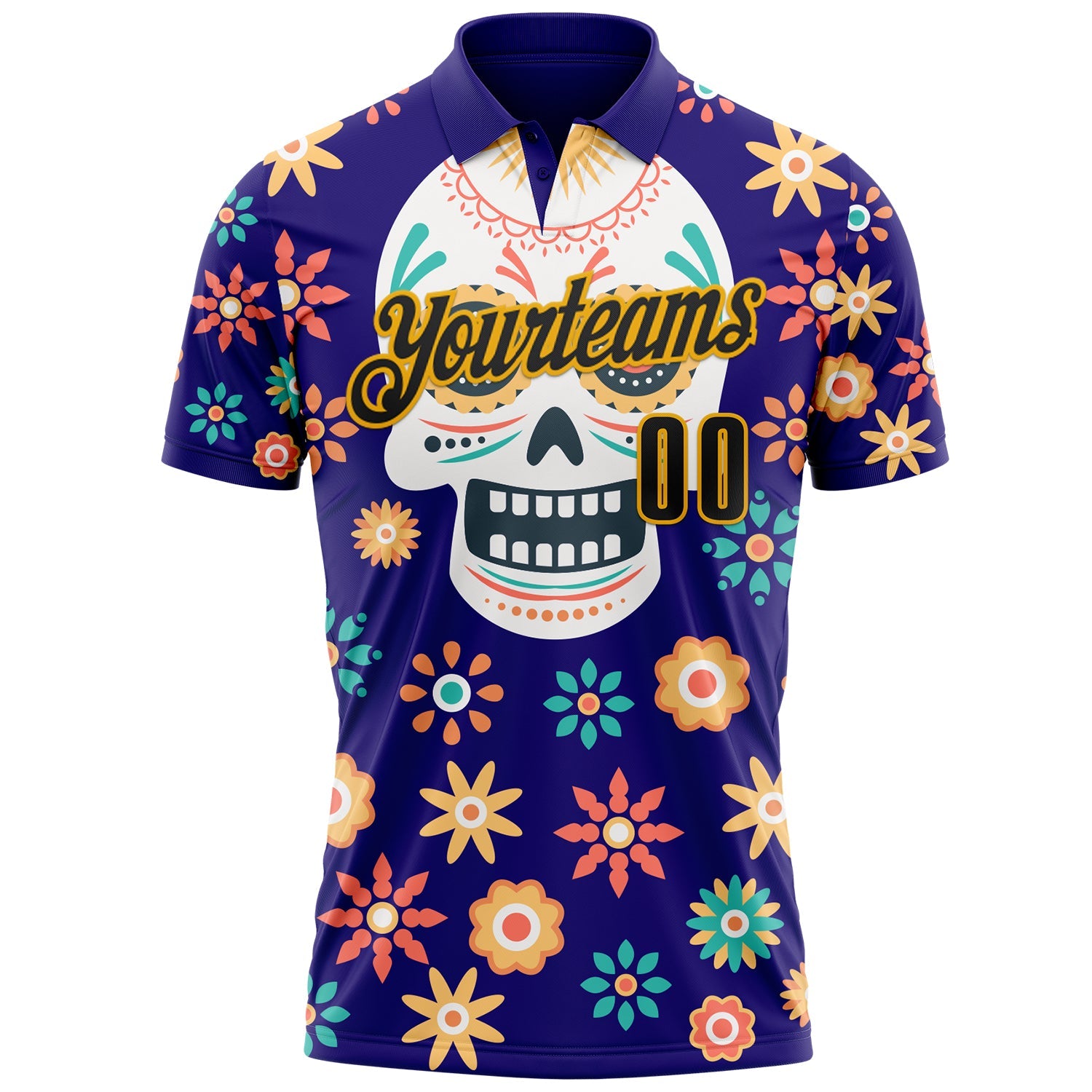 Custom Dark Purple Black-Gold Day of the Dead Mexican Sugar Skull Performance Polo Shirt view 2