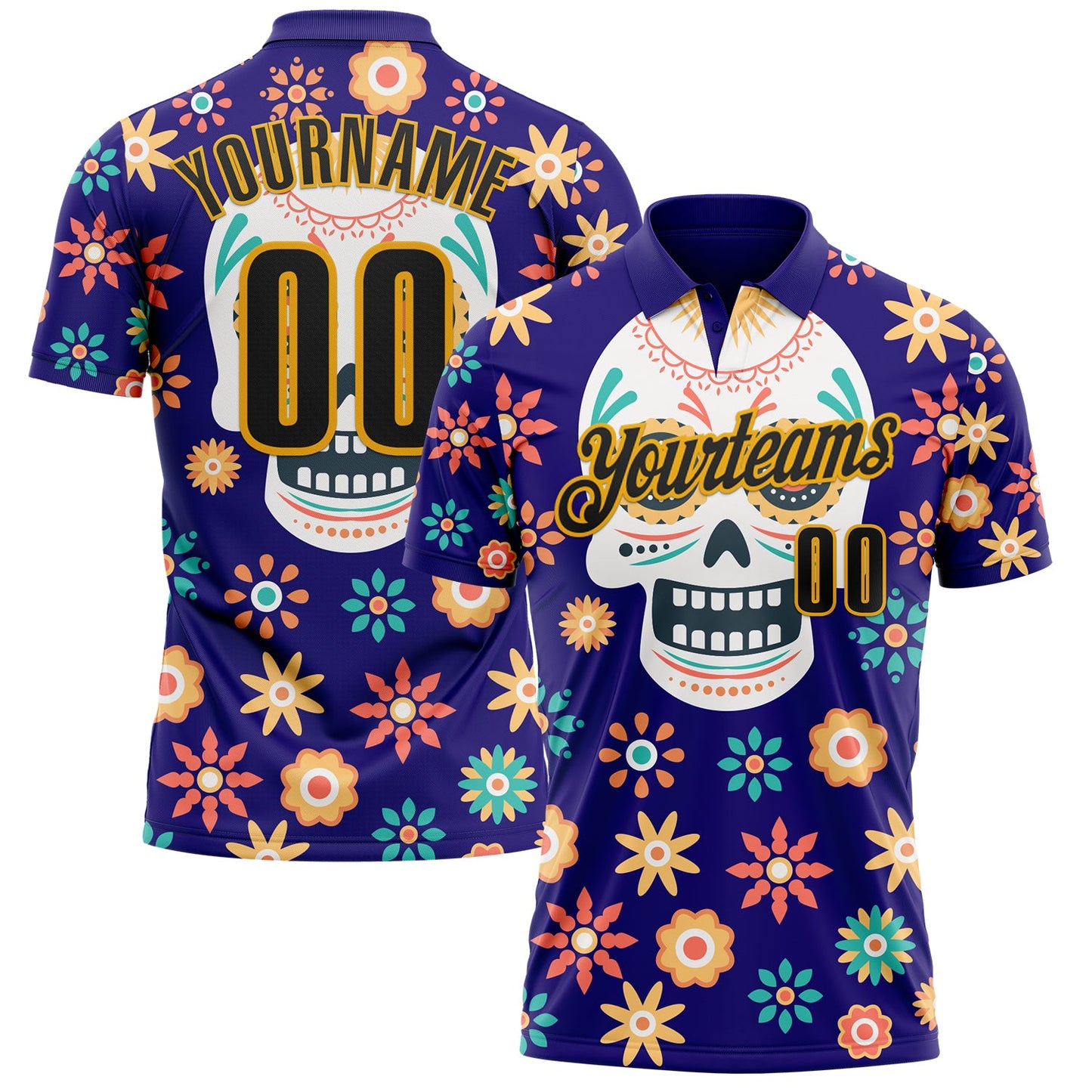 Custom Dark Purple Black-Gold Day of the Dead Mexican Sugar Skull Performance Polo Shirt - Main View