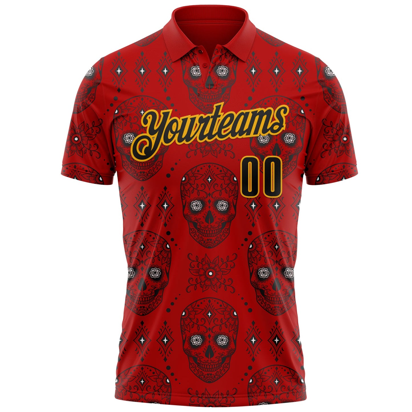 Custom Red Black-Gold Day of the Dead Mexican Sugar Skull Performance Polo Shirt view 2
