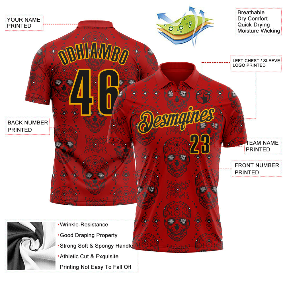 Custom Red Black-Gold Day of the Dead Mexican Sugar Skull Performance Polo Shirt view 3