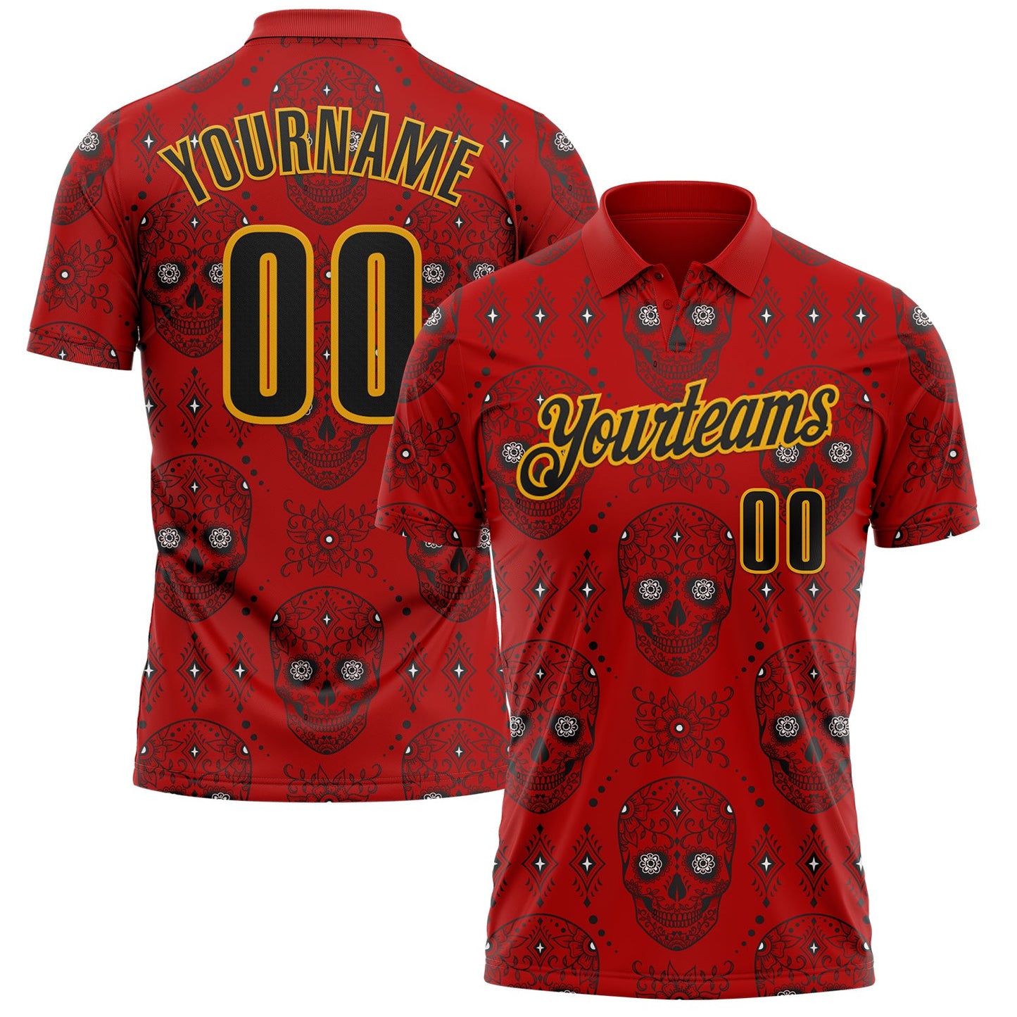 Custom Red Black-Gold Day of the Dead Mexican Sugar Skull Performance Polo Shirt - Main View