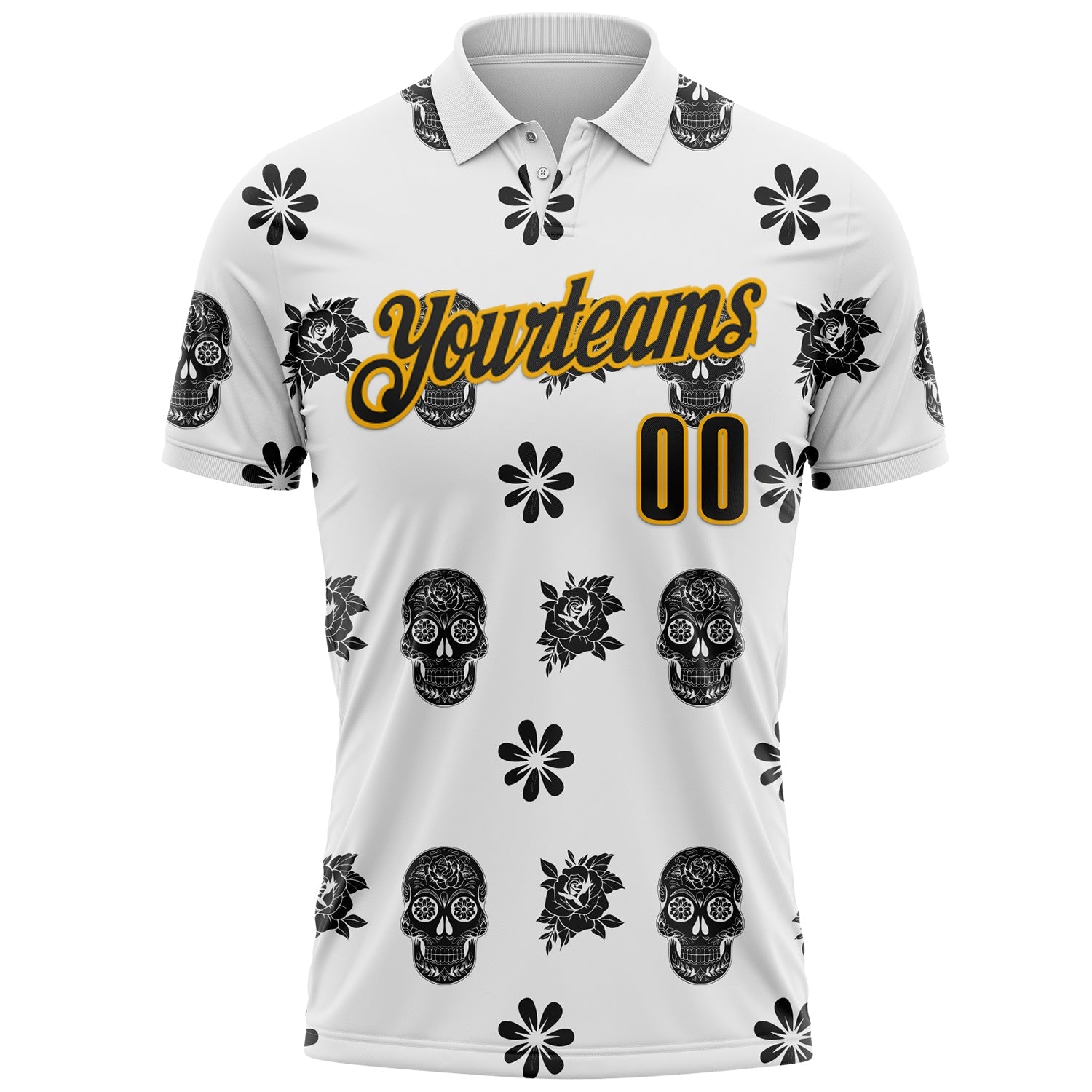 Custom White Black-Gold Day of the Dead Mexican Sugar Skull Performance Polo Shirt view 2