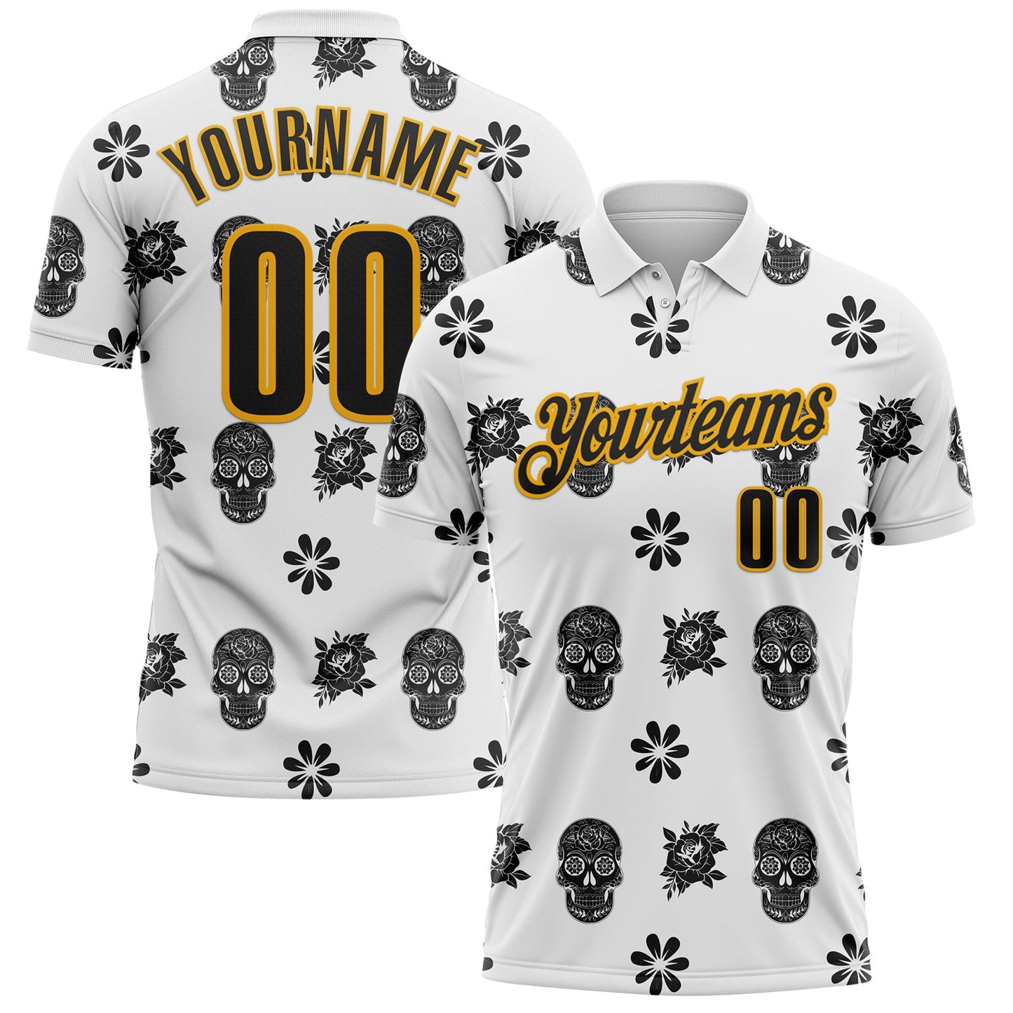 Custom White Black-Gold Day of the Dead Mexican Sugar Skull Performance Polo Shirt - Main View