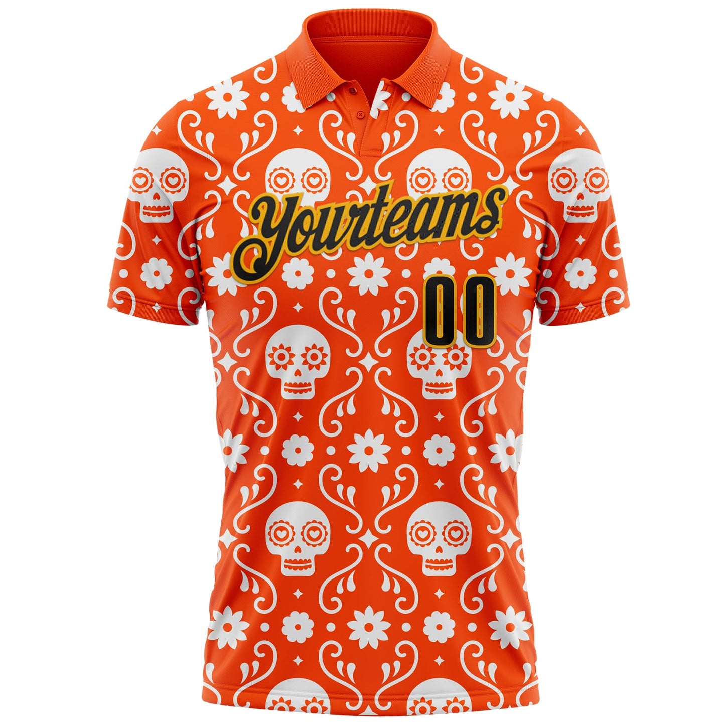 Custom Orange Black-Gold Day of the Dead Mexican Sugar Skull Performance Polo Shirt view 2