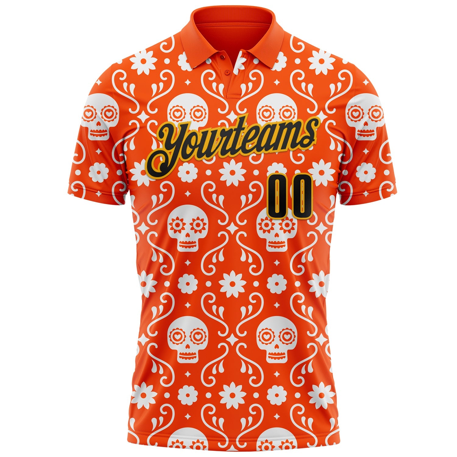 Custom Orange Black-Gold Day of the Dead Mexican Sugar Skull Performance Polo Shirt view 2