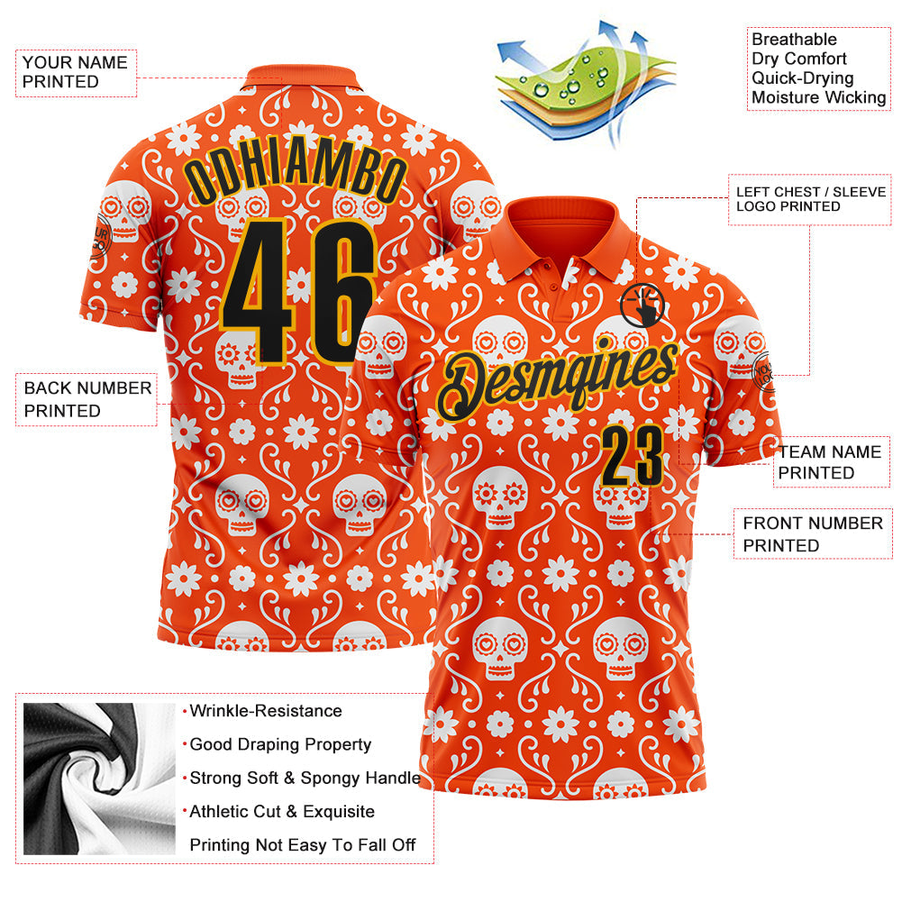 Custom Orange Black-Gold Day of the Dead Mexican Sugar Skull Performance Polo Shirt view 3