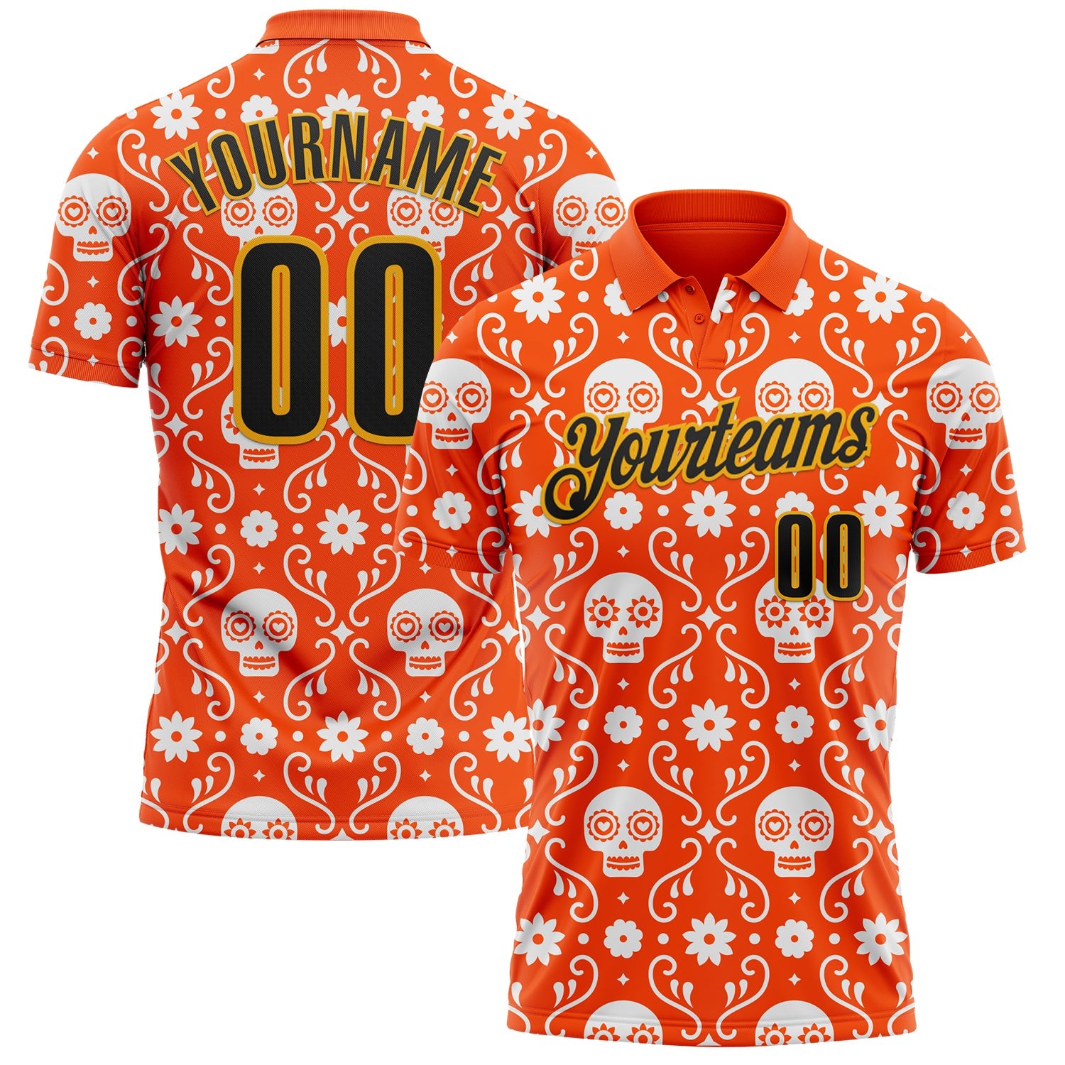 Custom Orange Black-Gold Day of the Dead Mexican Sugar Skull Performance Polo Shirt - Main View