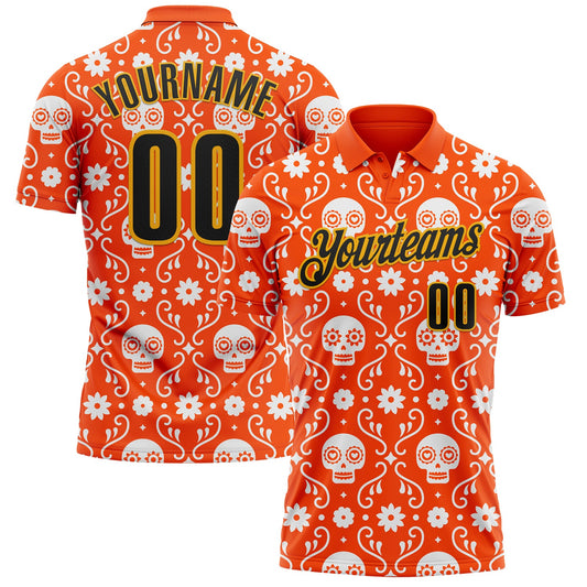 Custom Orange Black-Gold Day of the Dead Mexican Sugar Skull Performance Polo Shirt - Main View