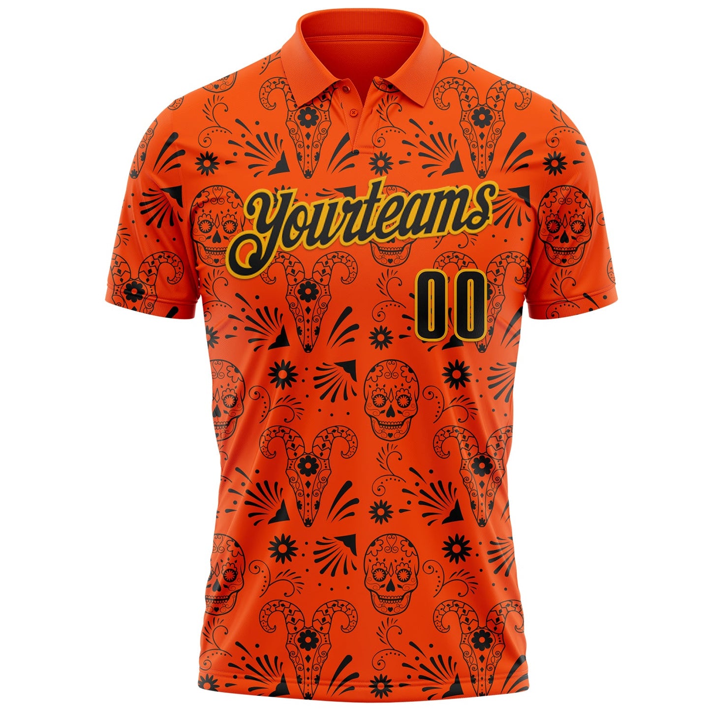 Custom Orange Black-Gold Day of the Dead Mexican Sugar Skull Performance Polo Shirt view 2