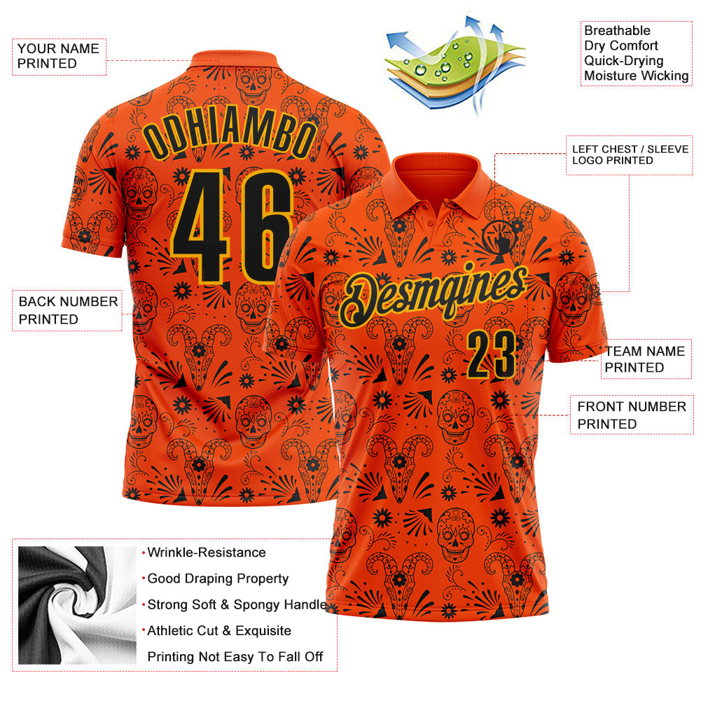 Custom Orange Black-Gold Day of the Dead Mexican Sugar Skull Performance Polo Shirt view 3