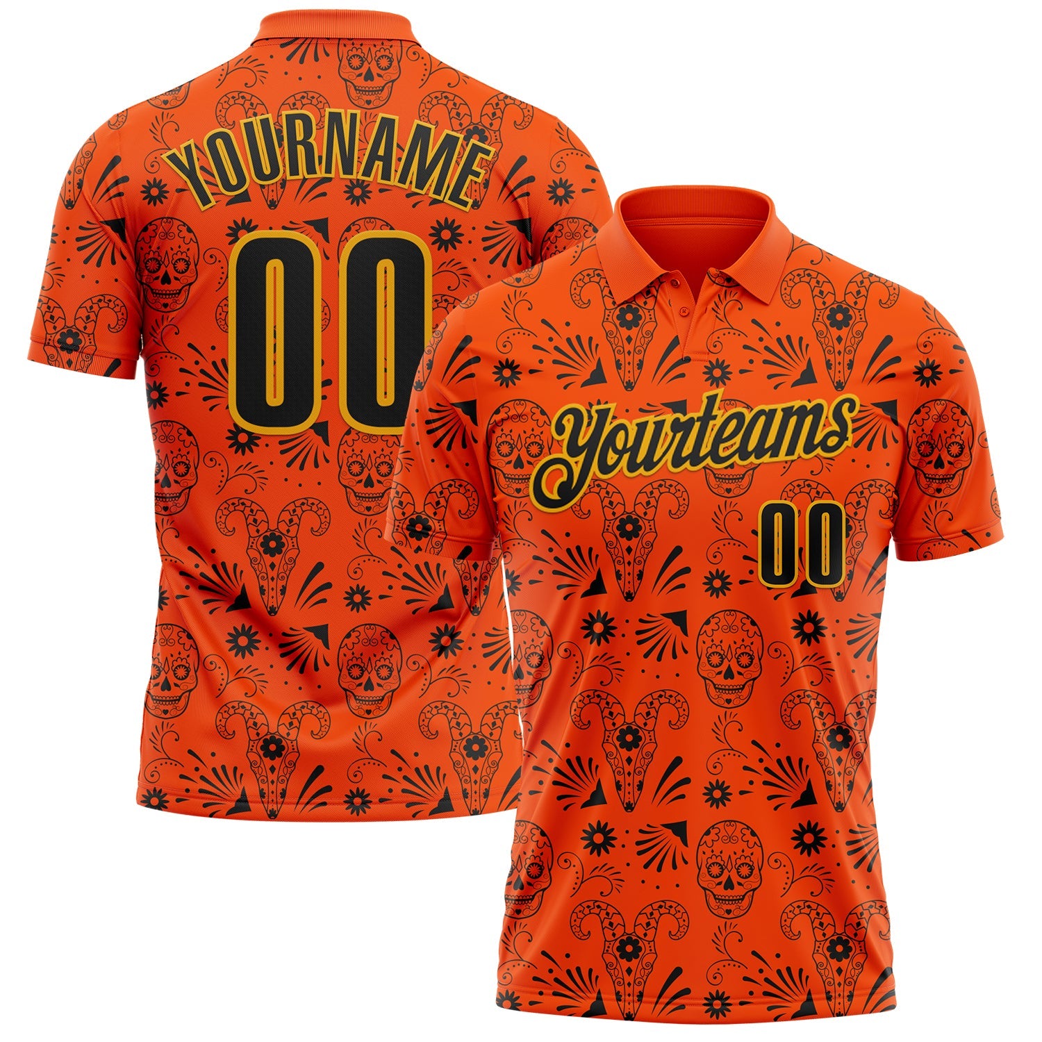 Custom Orange Black-Gold Day of the Dead Mexican Sugar Skull Performance Polo Shirt - Main View