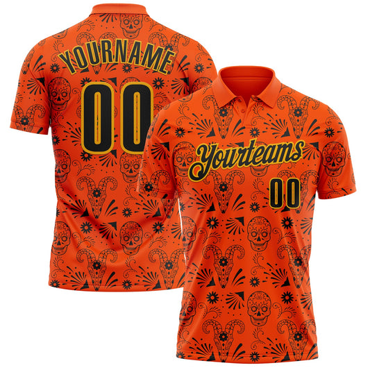 Custom Orange Black-Gold Day of the Dead Mexican Sugar Skull Performance Polo Shirt - Main View