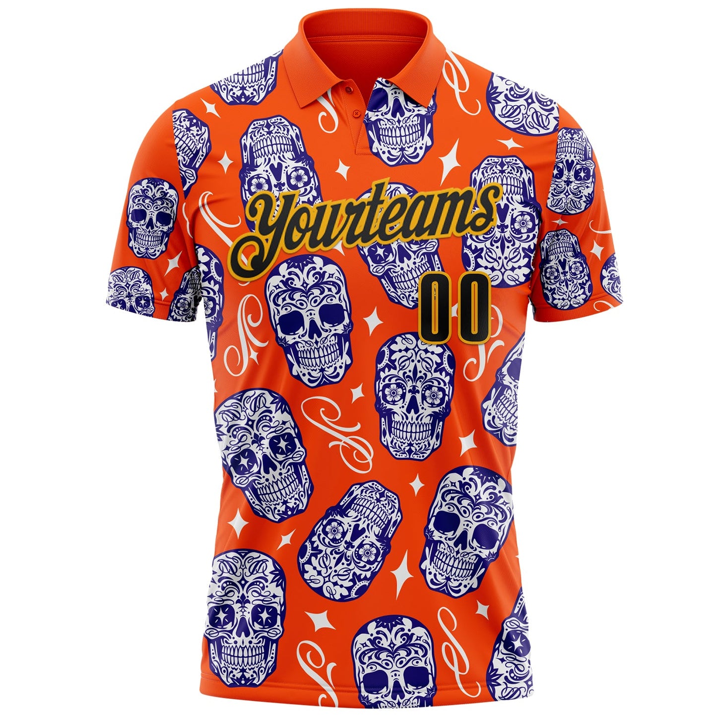 Custom Orange Black-Gold Day of the Dead Mexican Sugar Skull Performance Polo Shirt view 2