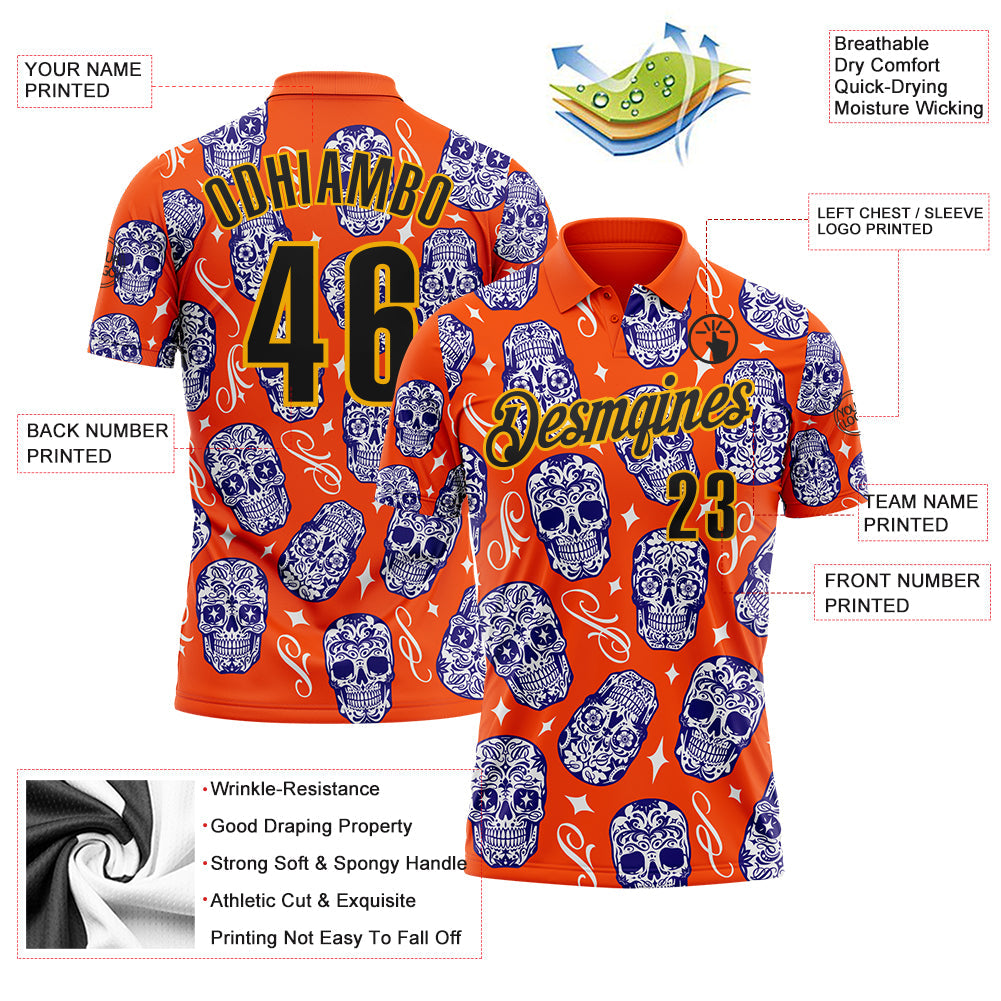 Custom Orange Black-Gold Day of the Dead Mexican Sugar Skull Performance Polo Shirt view 3