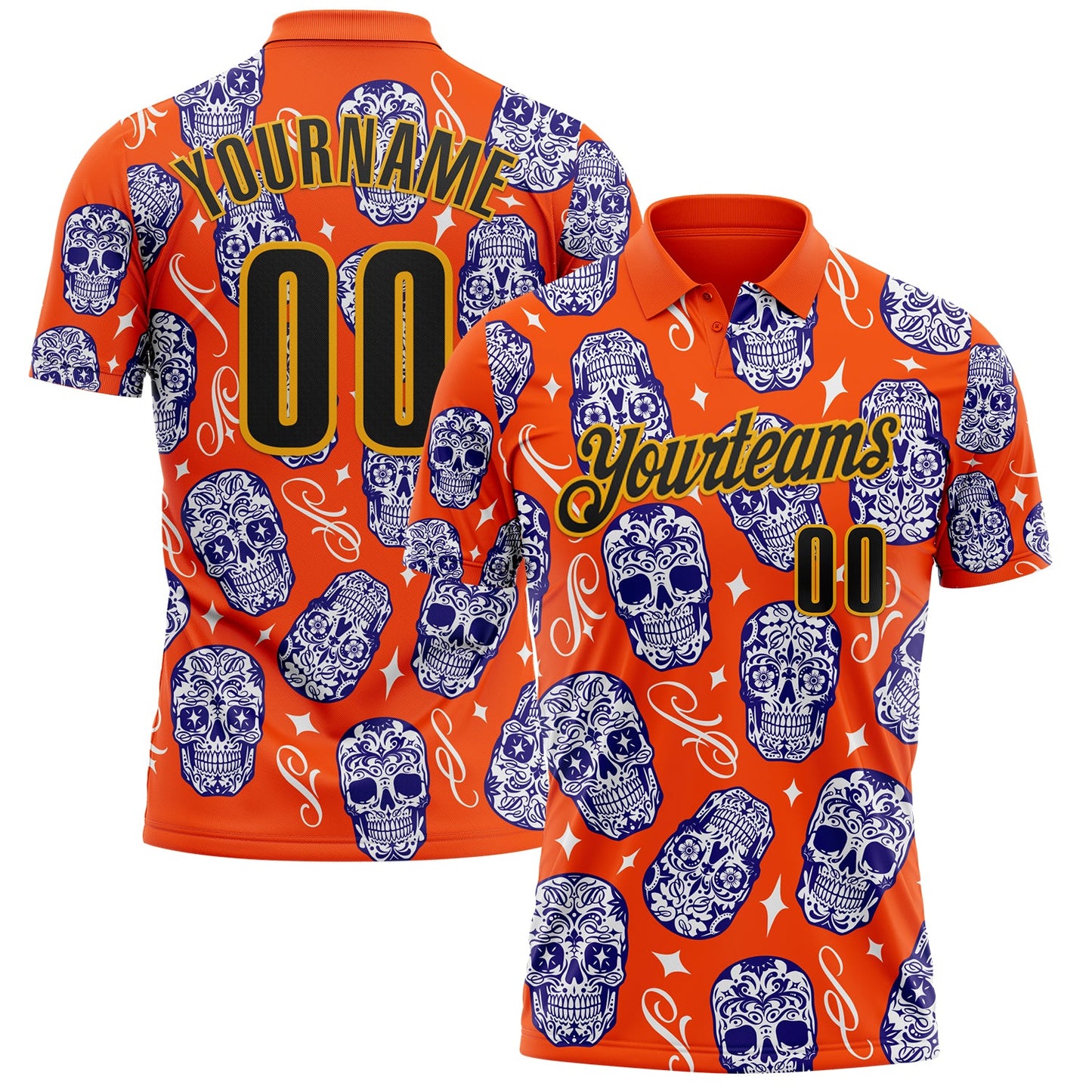 Custom Orange Black-Gold Day of the Dead Mexican Sugar Skull Performance Polo Shirt - Main View