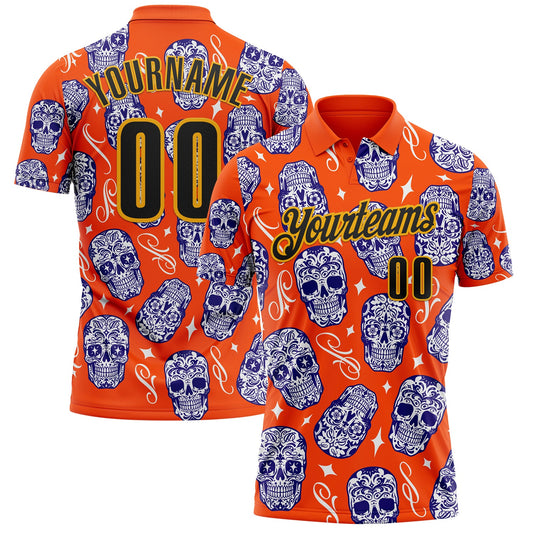 Custom Orange Black-Gold Day of the Dead Mexican Sugar Skull Performance Polo Shirt - Main View