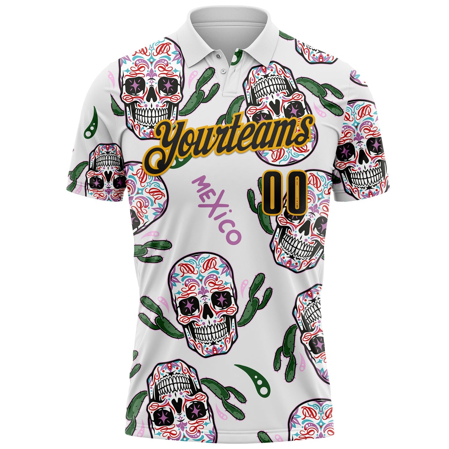 Custom White Black-Gold Day of the Dead Mexican Sugar Skull Performance Polo Shirt view 2