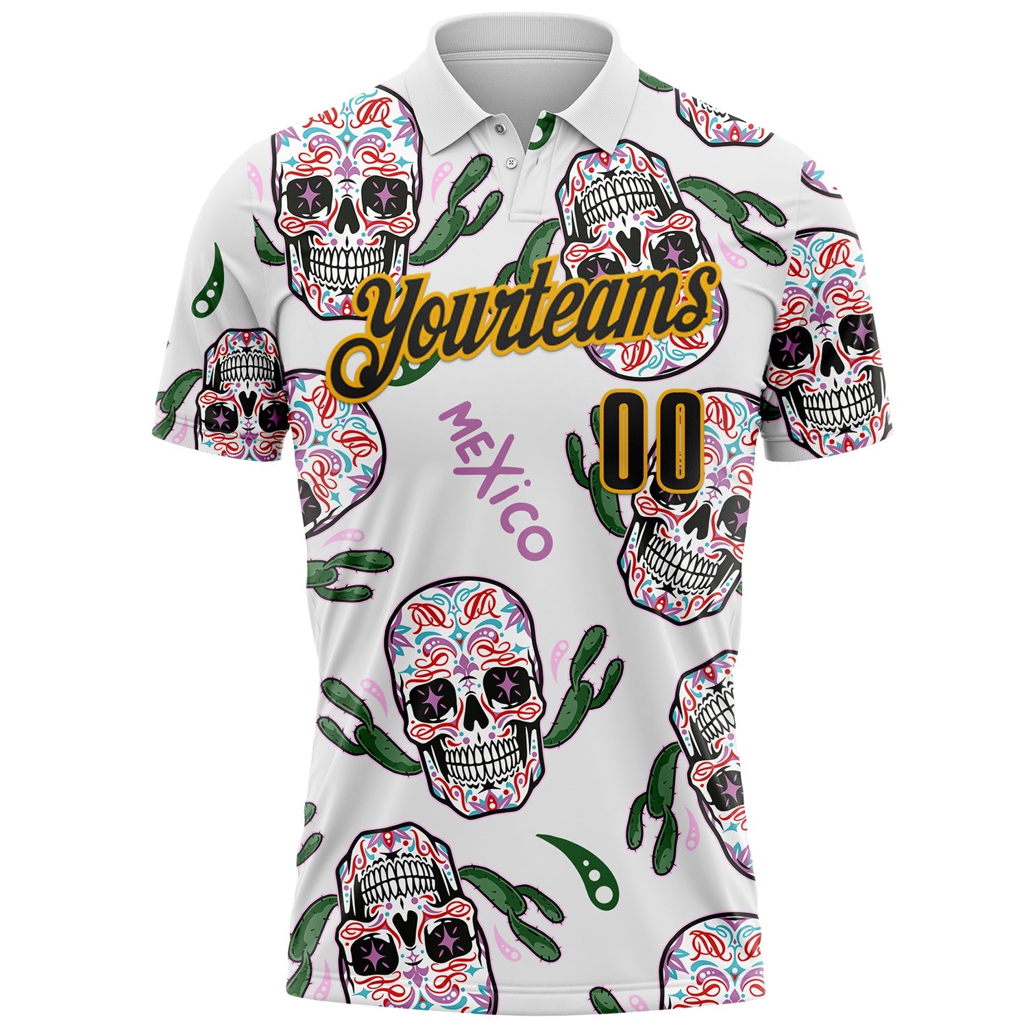 Custom White Black-Gold Day of the Dead Mexican Sugar Skull Performance Polo Shirt view 2