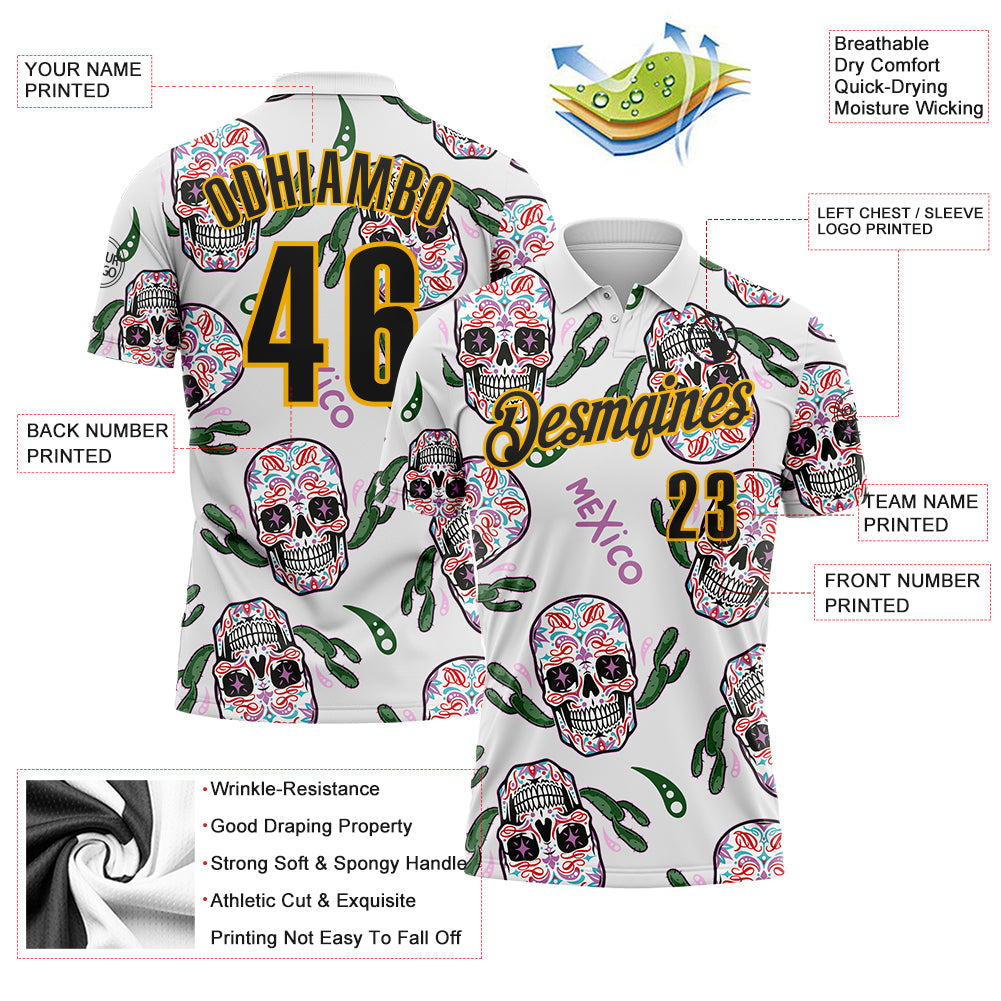 Custom White Black-Gold Day of the Dead Mexican Sugar Skull Performance Polo Shirt view 3