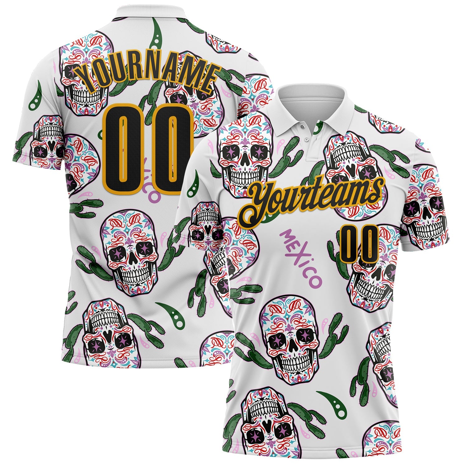 Custom White Black-Gold Day of the Dead Mexican Sugar Skull Performance Polo Shirt - Main View