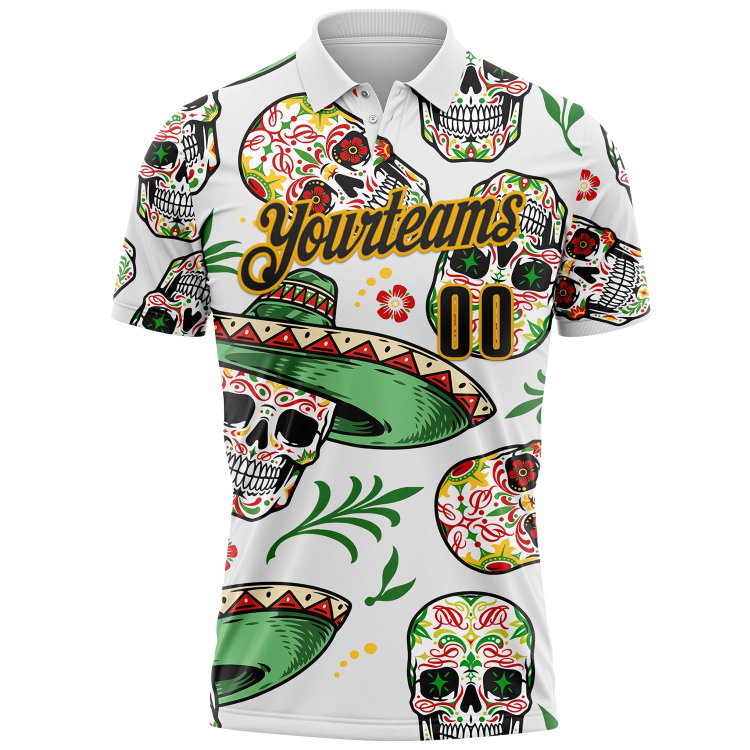 Custom White Black-Gold Day of the Dead Mexican Sugar Skull Performance Polo Shirt view 2